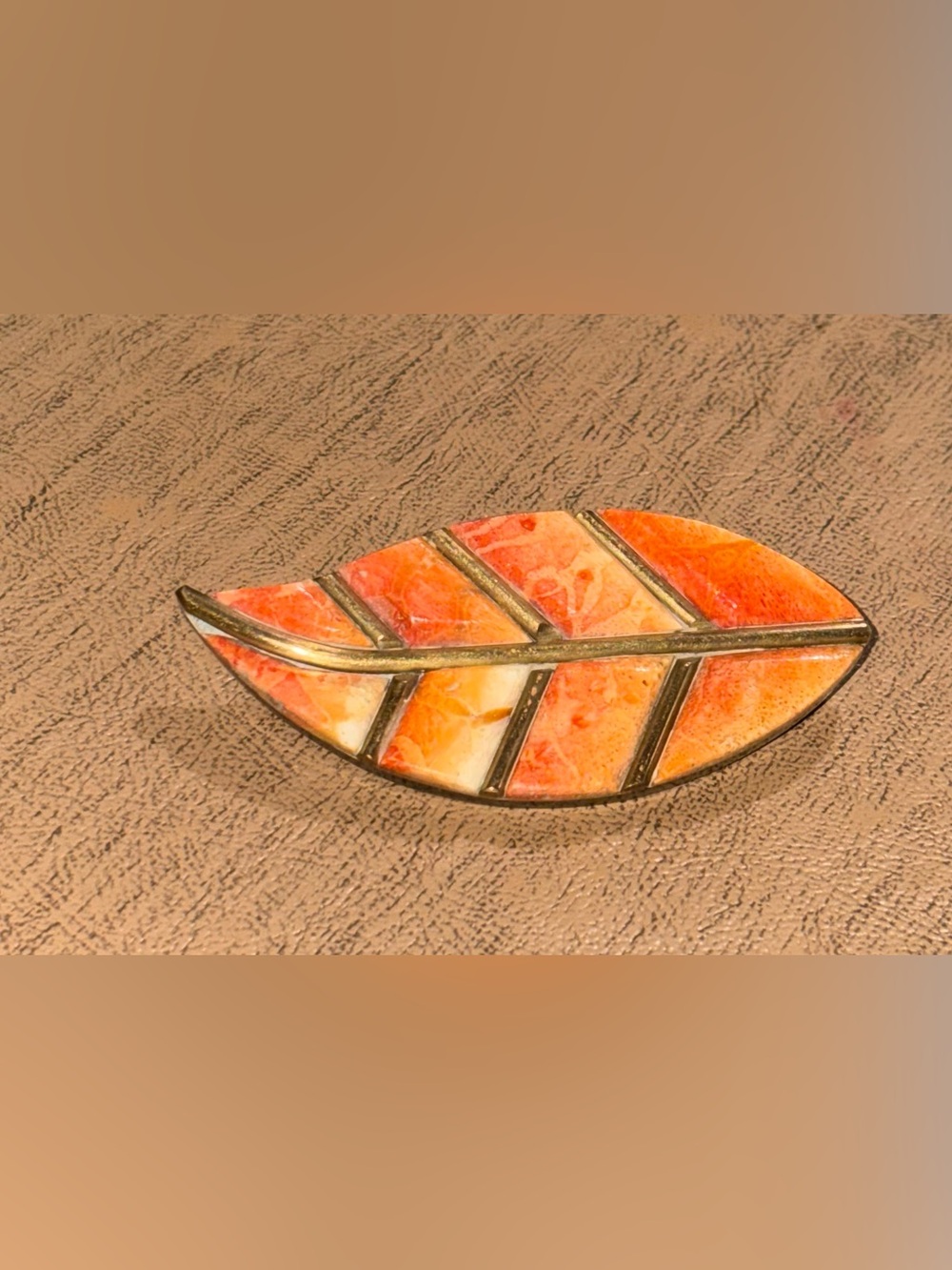 Signed Artisan Leaf Brooch Handcrafted Mixed Media Statement Pin in Orange Tones